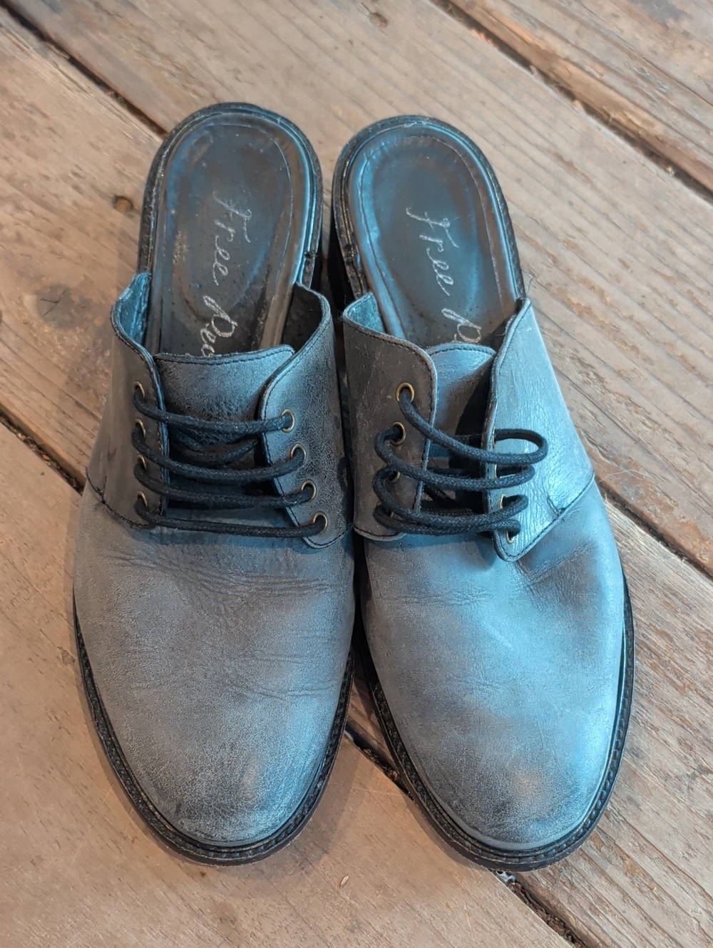 Free People Grey Leather Slip-On Lace Up Loafer Mules